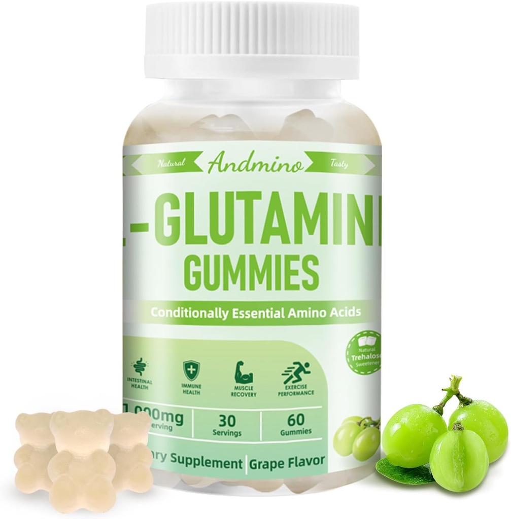 L-Glutamine Gummies 1000 mg, con Trehalose, L Glutamine Supplement Support Intestinal, Boost Immune & Muscle Health, for Adults &amp; Kids, Non-GMO, Vegan, Gluten Free, Grape Flavor, 60