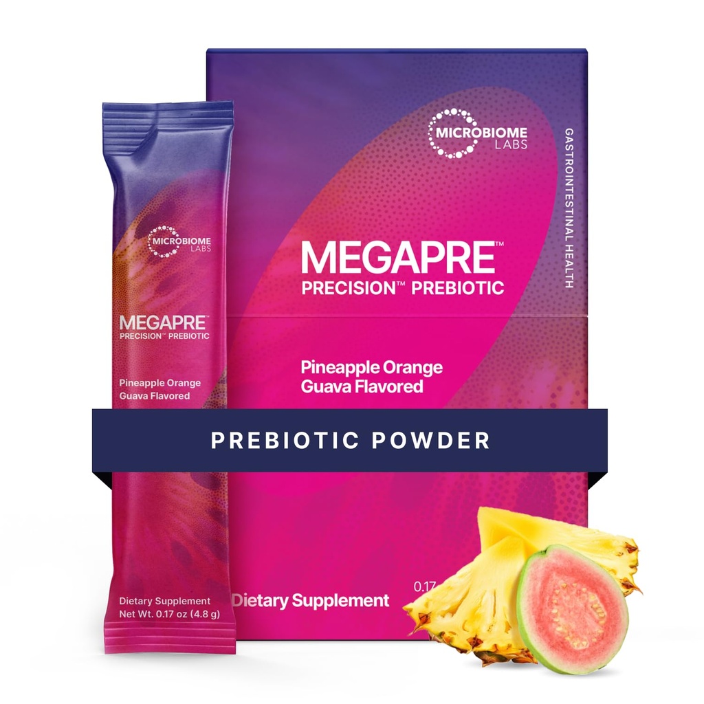 Microbiome Labs MegaPrebiotic Fiber Powder para Mujer, Hombres &amp; Niños - Pre-Dosed Prebiotic Fiber Supplement Powder with Clinically Tested Oligosaccharides - Pineapple Orange Guava (30 Packets de Bebida)