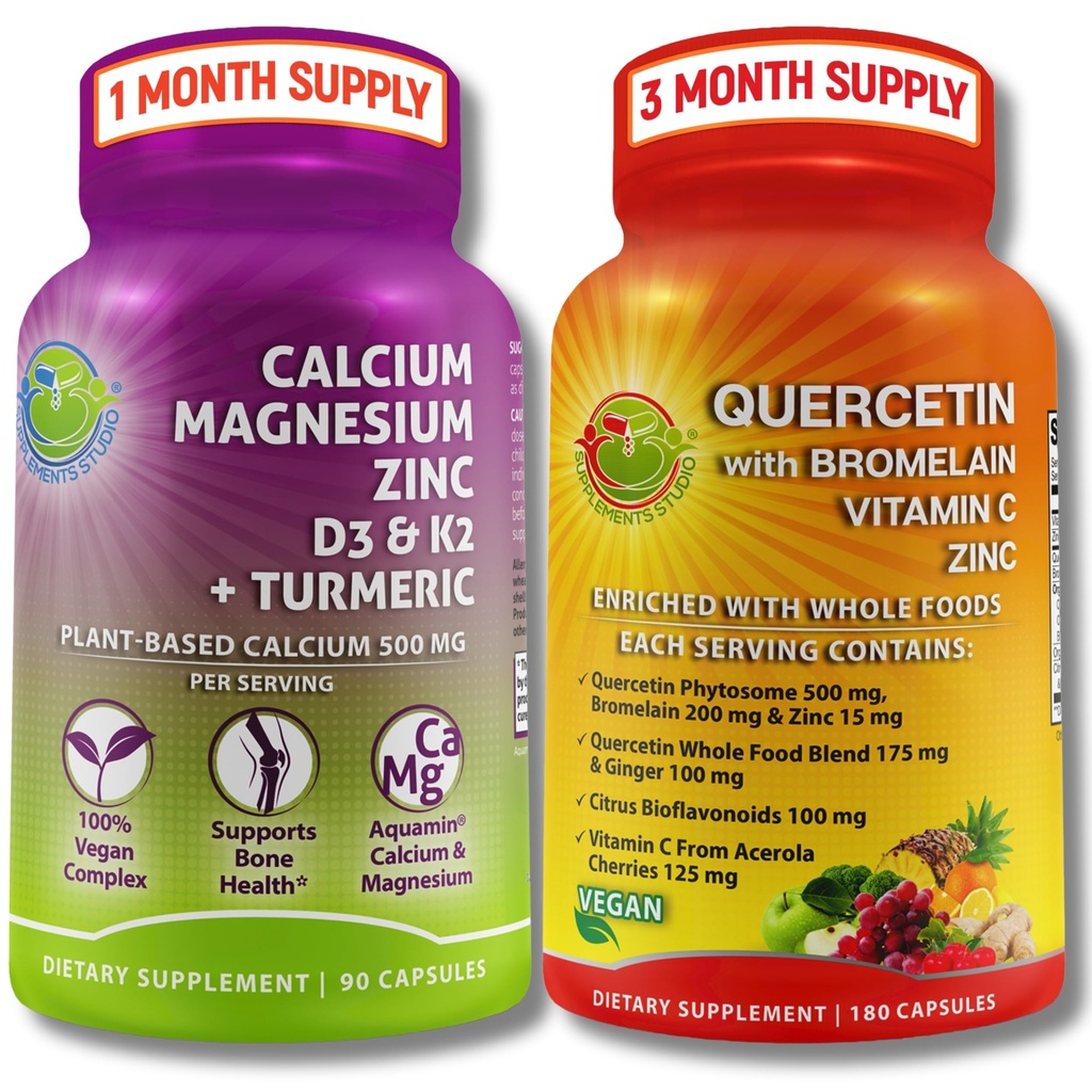 SUPPLEMENTOS STUDIO Quercetina con bromelaina, vitamina C " Zinc + calcium de base vegetal, magnesio, D3, K2 " Turmérico – 100% Vegan Suplemento Bundle for Immune " Bone Support
