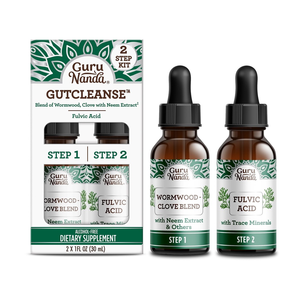 GuruNanda Gutcleanse 2-Step Kit - Suplemento dietético para ayudar con la digestión - Blend of Fulvic Acid, Wormwood, Clove & Neem Extract, 2x1 FlOz