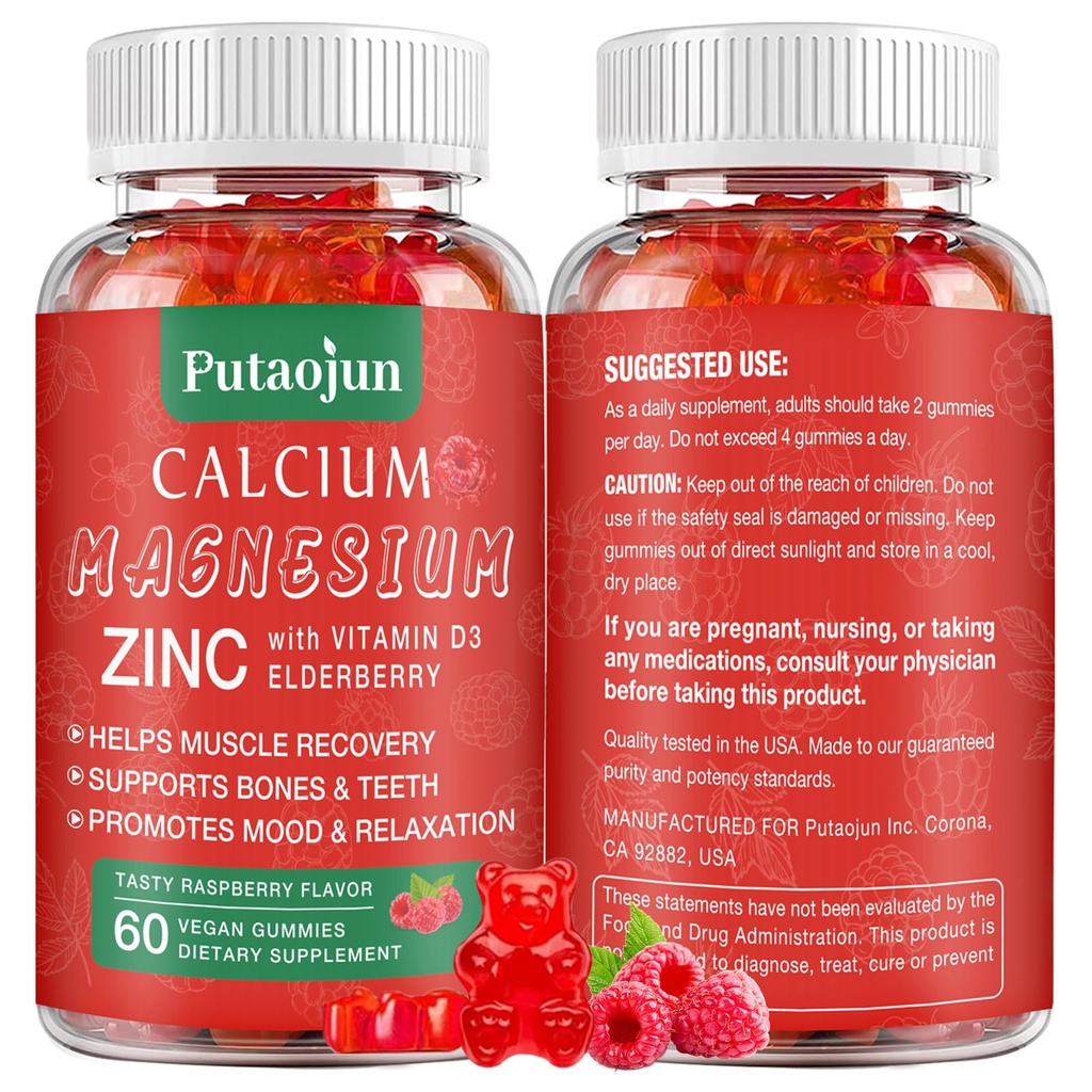 TEN High Absorption Calcium Magnesium Zinc Gummies, Sugar Free Calcium Magnesium Zinc Supplement with D3 ← Bone & Teeth Strength ← Muscle & Nerve Función  Vegan ← Raspberry Flavor ← 1 Pack