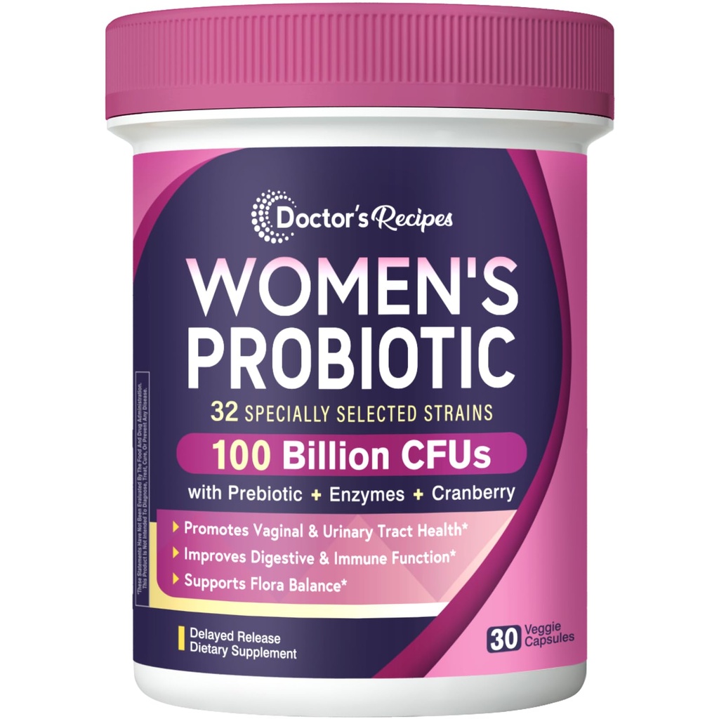 Recetas del médico Probióticos para Mujeres, 100 millones de francos CFU 32 Strains, con fibra prebiótica, enzimas & arándano, Vaginal Urinary Digestive & Immune, No Yeast, Shelf Stable, Delayed Release, 30 caps