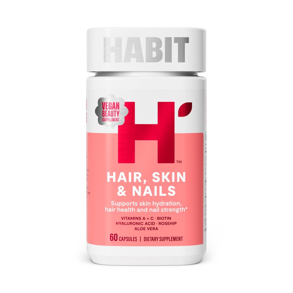 Habit Hair, Skin & Nails Supplement (60 Capsules) - New Look, Supports Skin Hydration, Hair & Nail Strength, Biotin 2000mcg, Vitamina A & C, Hyaluronic Acid, Rosehip, Vegan, Non-GMO (1 Pack)