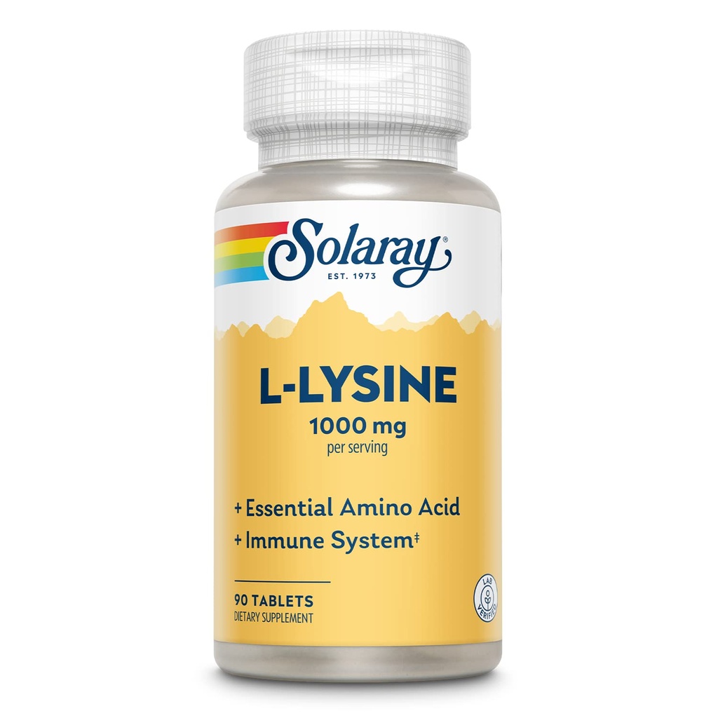 SOLARAY L Lysine - Aminoácidos Esenciales de Formo Libre - Suplemento de Soporte Inmune con 1000mg L-Lysine, 1000mg Vitamina C y 25 mg Zinc Chelated - Lab Verificado, Garantía de 60 días, 30 Serviciones, 90 Tablas