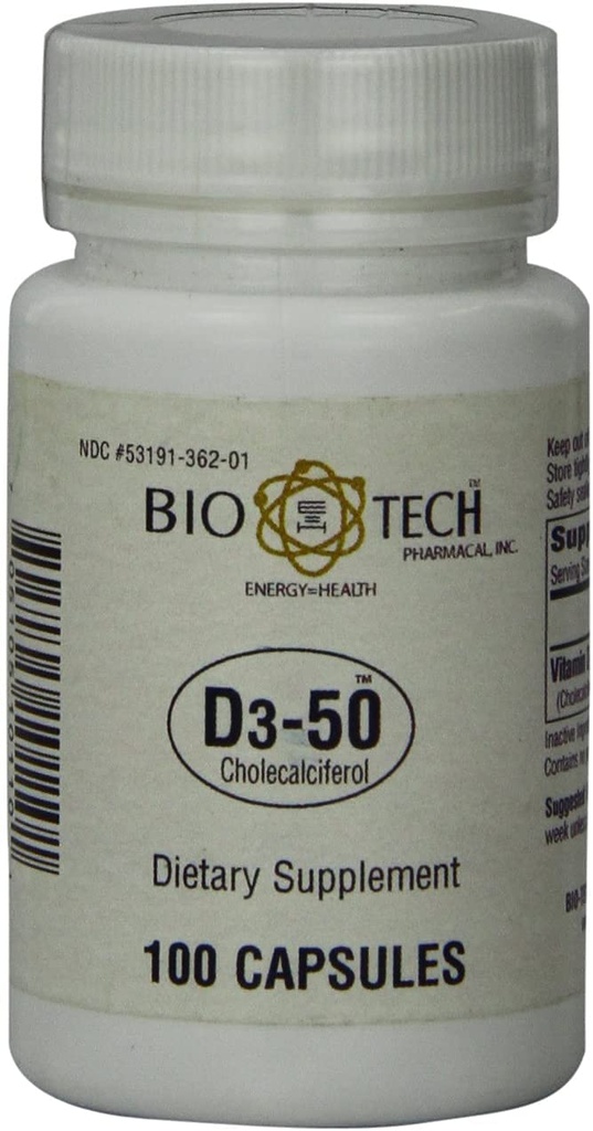 Bio-Tech Pharmacal D3-50 50.000 UI, 100 cápsulas Ð Suplemento natural Ð Soportes Bone, Heart Neuromuscular, &amp; Immune Health Đ No Dairy, Fish, Gluten, Peanut, Shellfish, &amp; Soy