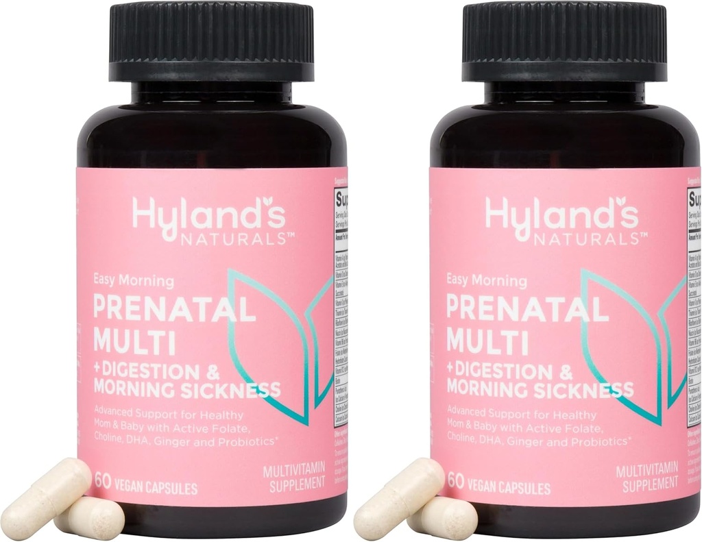 Hyland's Easy Morning Prenatal Multivitamin and Digestive Health and Morning Sickness Relief, 60 Vegan Capsules, con Folate, Choline, Zinc, Ginger Root, Prebiotics and Algae DHA (Pack of 2)