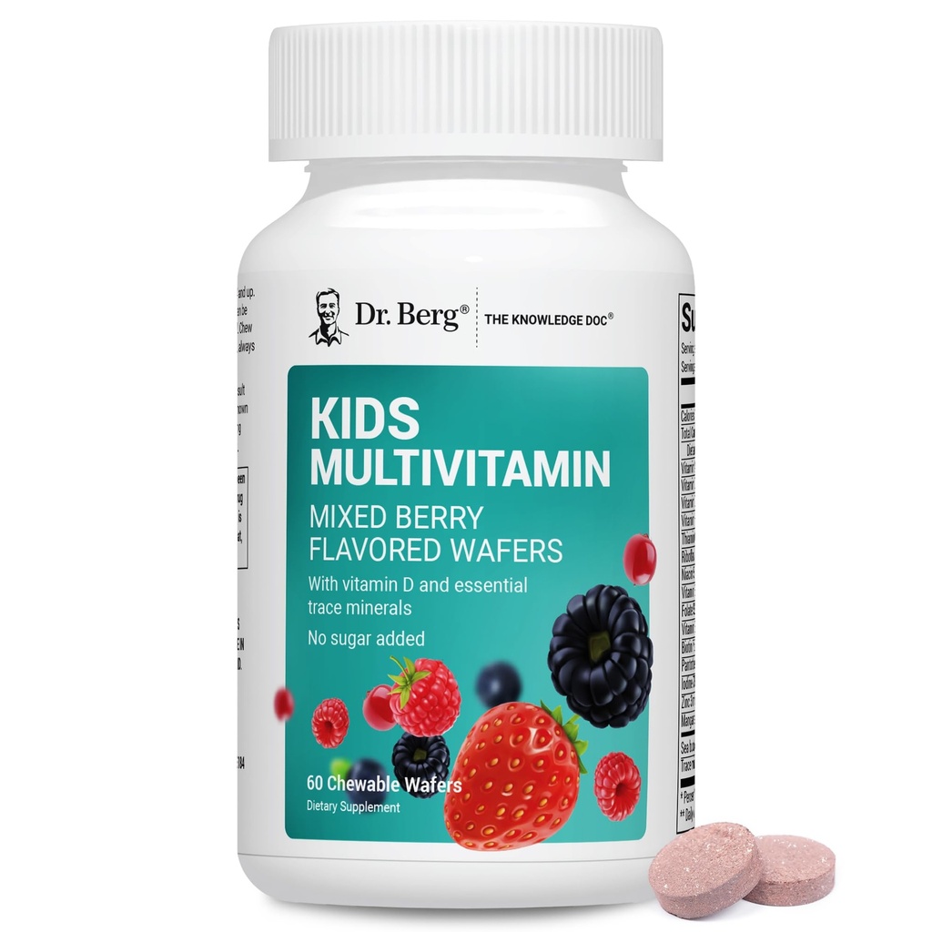 Dr. Berg Kids Chewable Multivitamins (NOTened Sweet w/Sugar) - Daily Multivitamin for Kids That Incluye 20 Nutrients & Trace Mineral Complex - Mixed Berry Chewable Vitamins for Kid - Red Wafers
