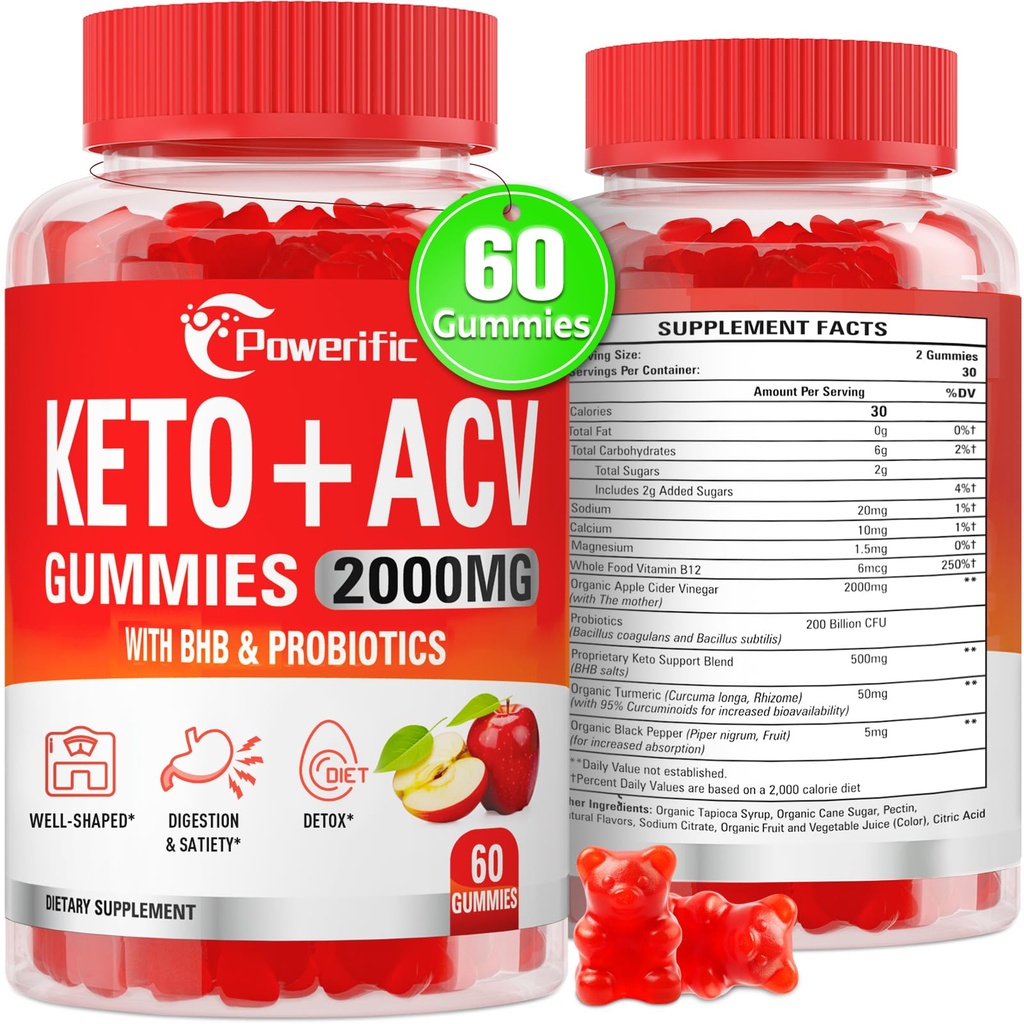Manzana Vinagre Gummies, Keto ACV Gummies Max Strength 2000mg Vinagre de sidra de manzana con madre, probióticos & vitamina B12, para la digestión, metabolismo, limpieza &amp; dieta desintoxicación, 60 conteo