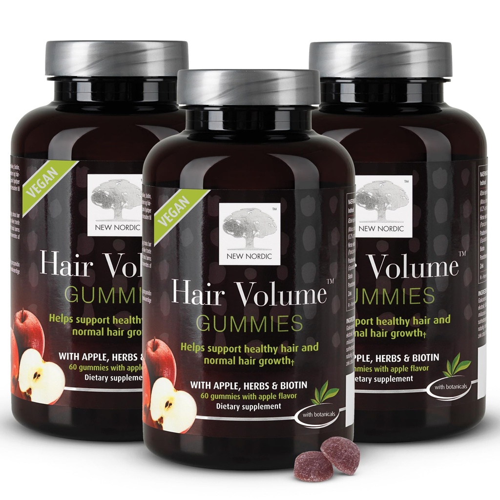 NUEVAS NORDIC Hair Volume Gummies, 2500 mcg Biotin, Daily Hair Vitamins Suplemento para apoyar la piel del cabello &amp; uñas, Vegan, 60 Cuenta (Pack of 3)