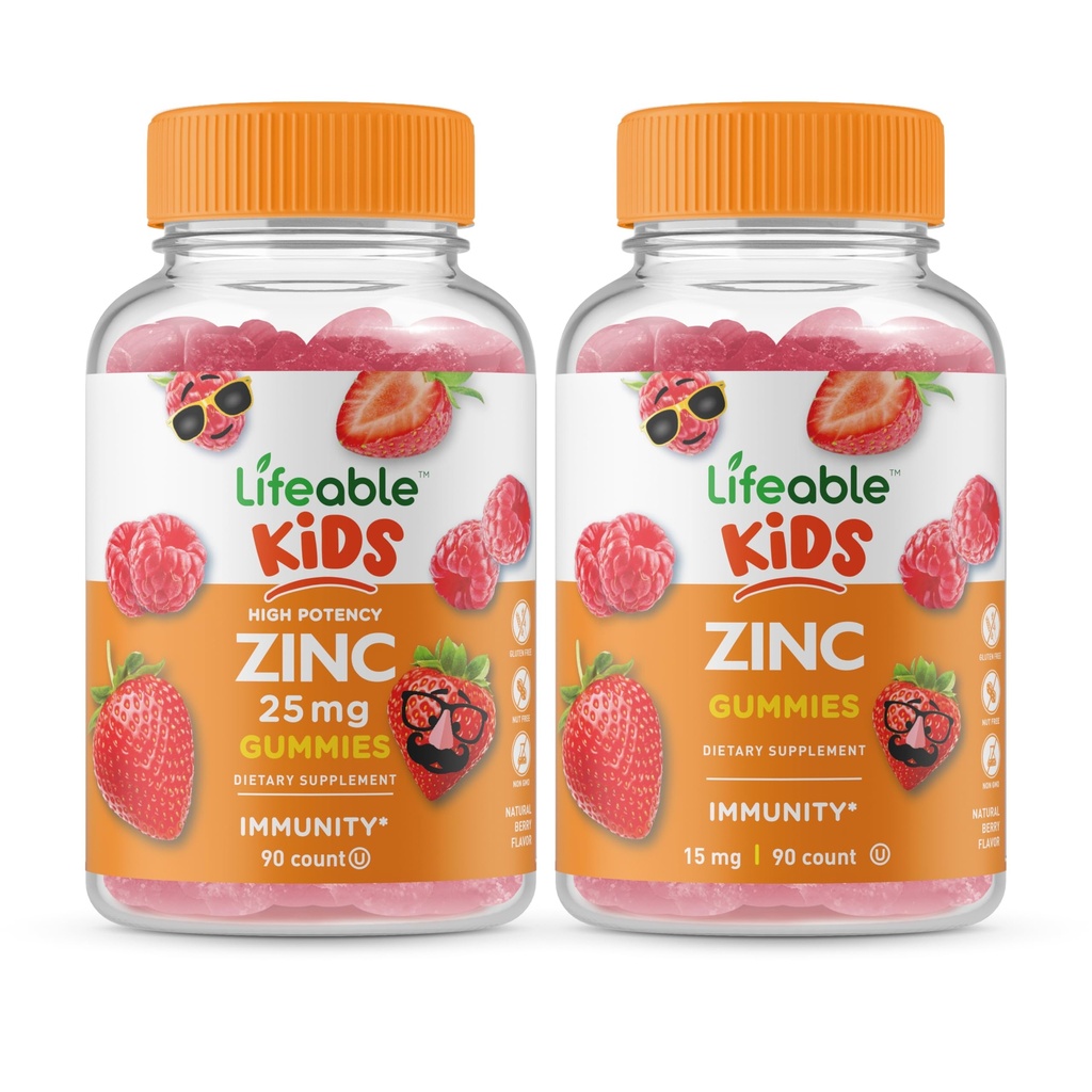 Zinc 25mg Niños + Zinc Kids, Gummies Bundle - Gran Tasting, Suplemento de vitaminas, Gluten Gratis, GMO Gratis, Chewable Gummy