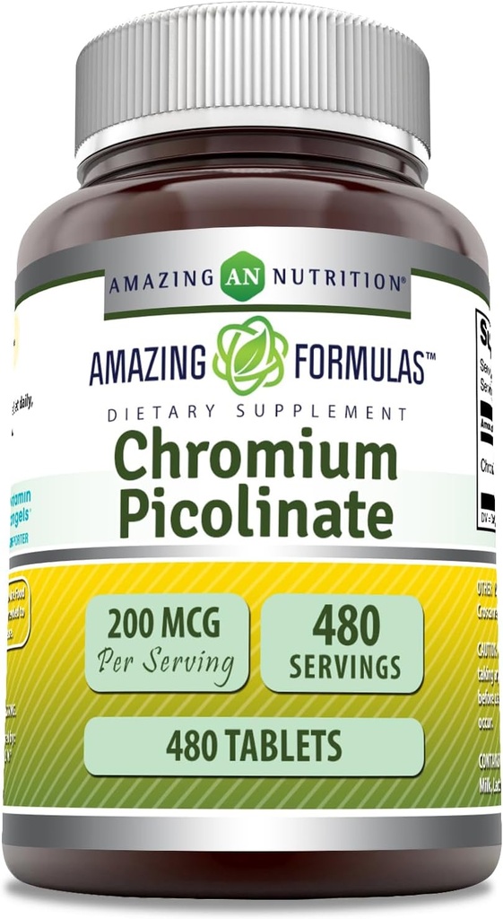 Fórmulas increíbles Chromium Picolinate Suplemento Silencio 200 Mcg Por Serving TENIDO Tablets Silencio No-GMO TENIDO Gluten Free TEN Made in USA (480 Conde)