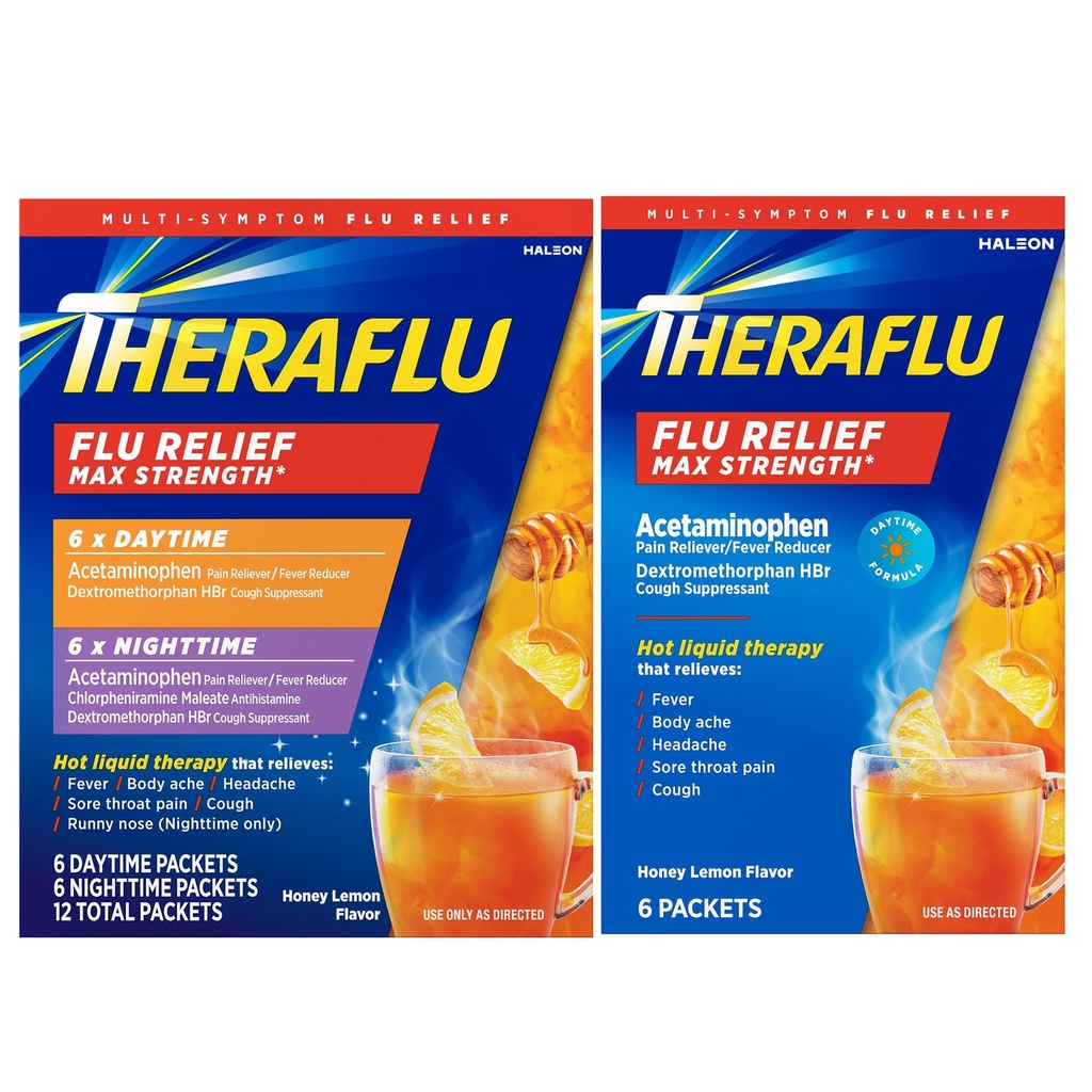 Theraflu Max Strength Daytime &amp; Nighttime Flu Symptom Relief Honey Lemon Flavor Powder &amp; Daytime Flu Symptom Relief Honey Lemon Powder, 6 Daytime + 6 Nighttime, & 6 Honey Lemon Flavor Powder Packets