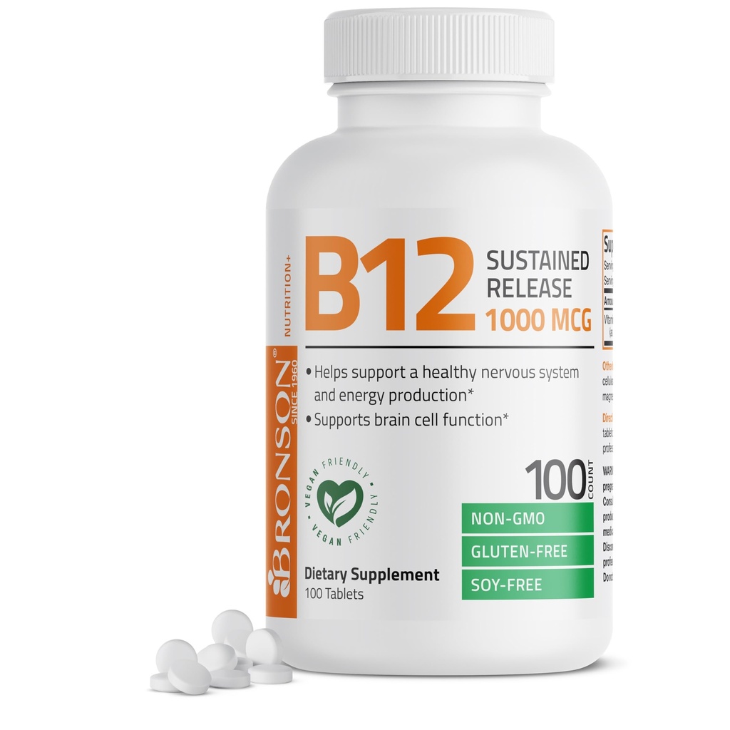 Bronson Vitamina B12 1000 mcg Sustained Release Premium Non GMO Tablets Supports Nervous System, Healthy Brain Function and Energy Production, 100 Count