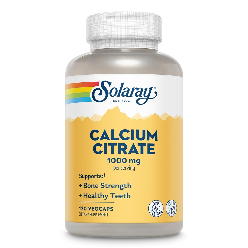 Solaray Calcium Citrate 1000mg - Suplemento de calcio Chelated - Soportes Bono Fuerza y dientes saludables - Fácil de digerir - Garantía de 60 días, Vegan - 30 Servimientos, 120 VegCaps