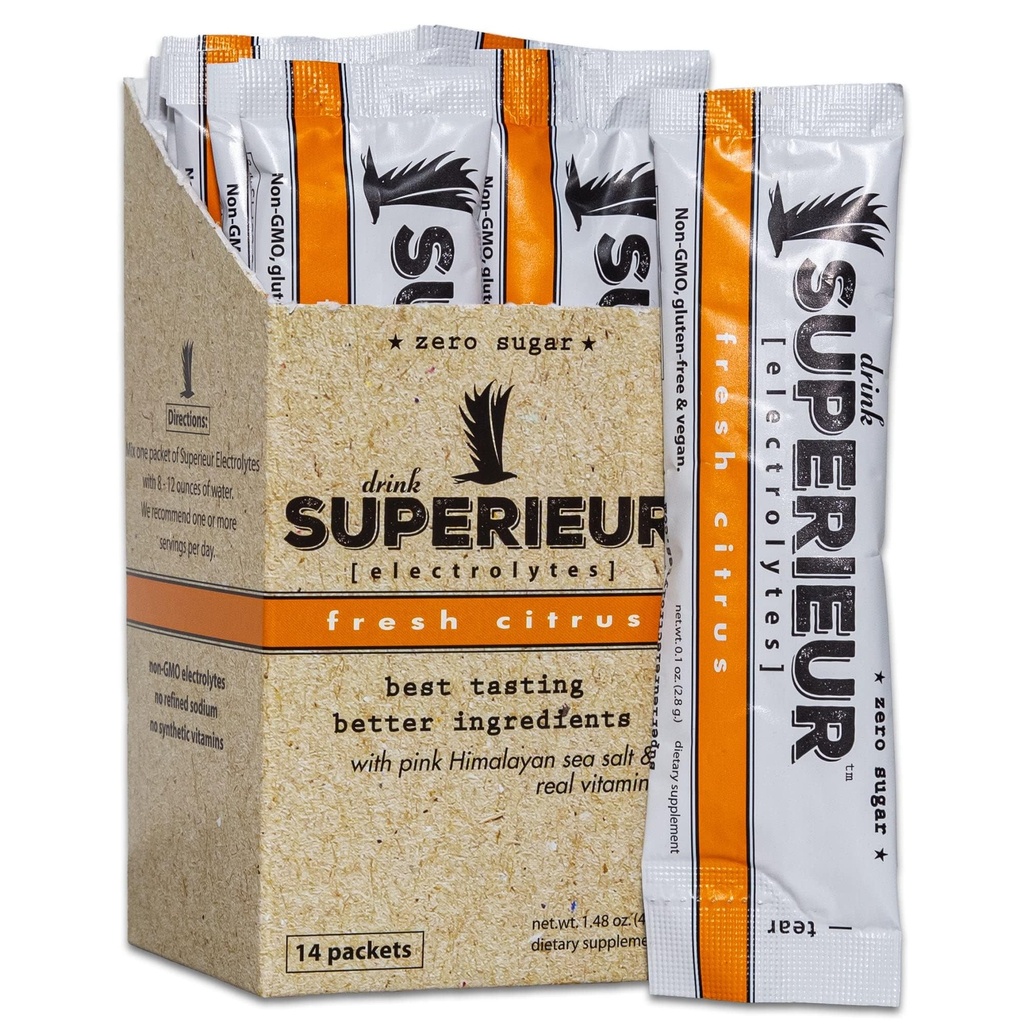 Superieur Electrolyte Powder Packets - Vegan Electrolyte Hydration Powder w/Sea Minerals - Keto Friendly, Non-GMO, Zero Sugar Electrolyte Suplemento - Healthy Sports Drink - Citrus (14 Packets)