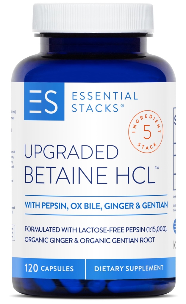 Estaciones esenciales Betaine HCL con Pepsin, Ox Bile, Gentian Orgánico &amp; Ginger - Betaine Hydrochloride Suplemento w Enzymes Digestive, Bile & Bitters - Gluten, Dairy & Soy Free (120 cápsulas)