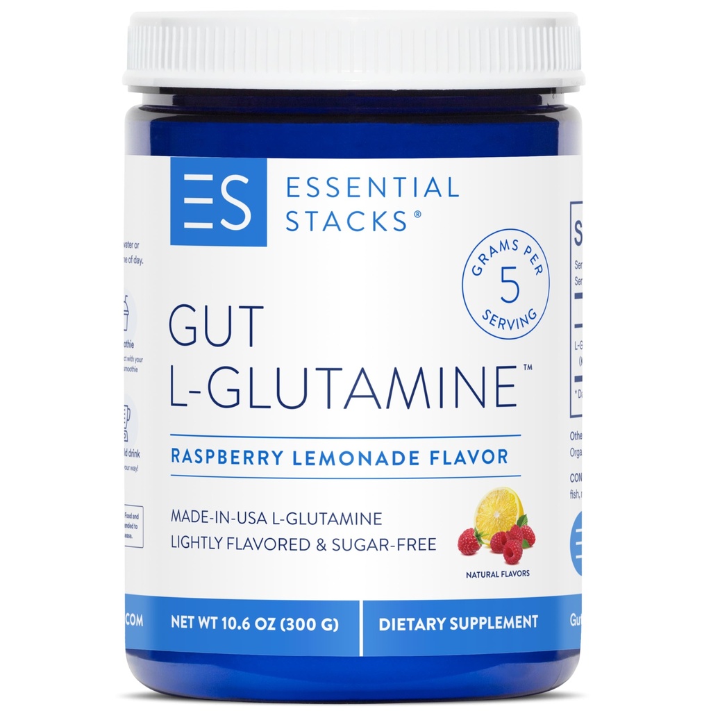 Esenciales Gut L-Glutamine Powder - Exclusivamente Hecho en Estados Unidos - Pure L Glutamine Powder for Gut Health (50 Servings, Raspberry Lemonade)