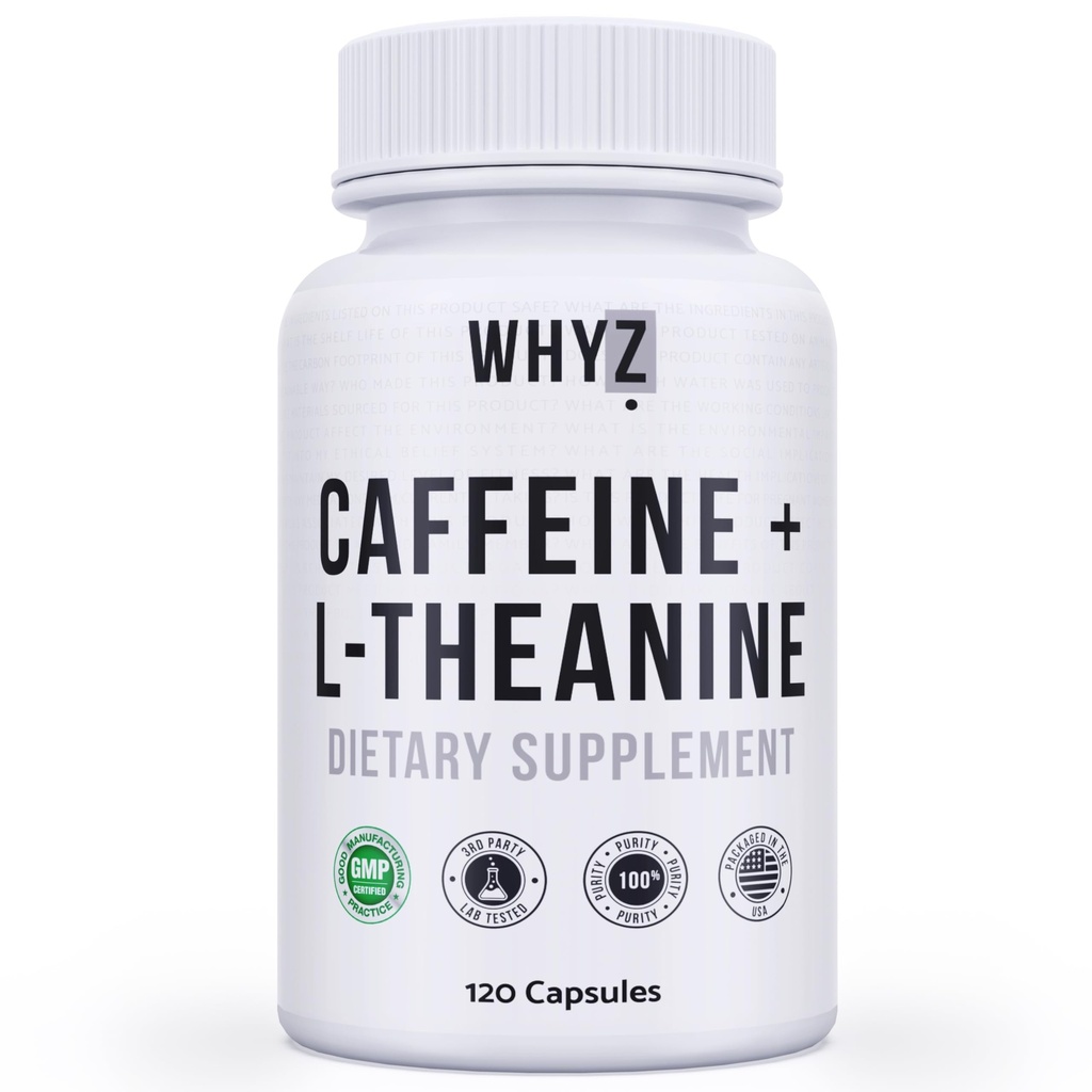 WHYZ Caffeine Pills with L-Theanine, 120 Capsules, Nootropic Stack Energy Pills, Energy Vitamins for Sustained Energy Focus " Cognitive Function, L Theanine Caffeine Energy Supplements for Women &amp; Men
