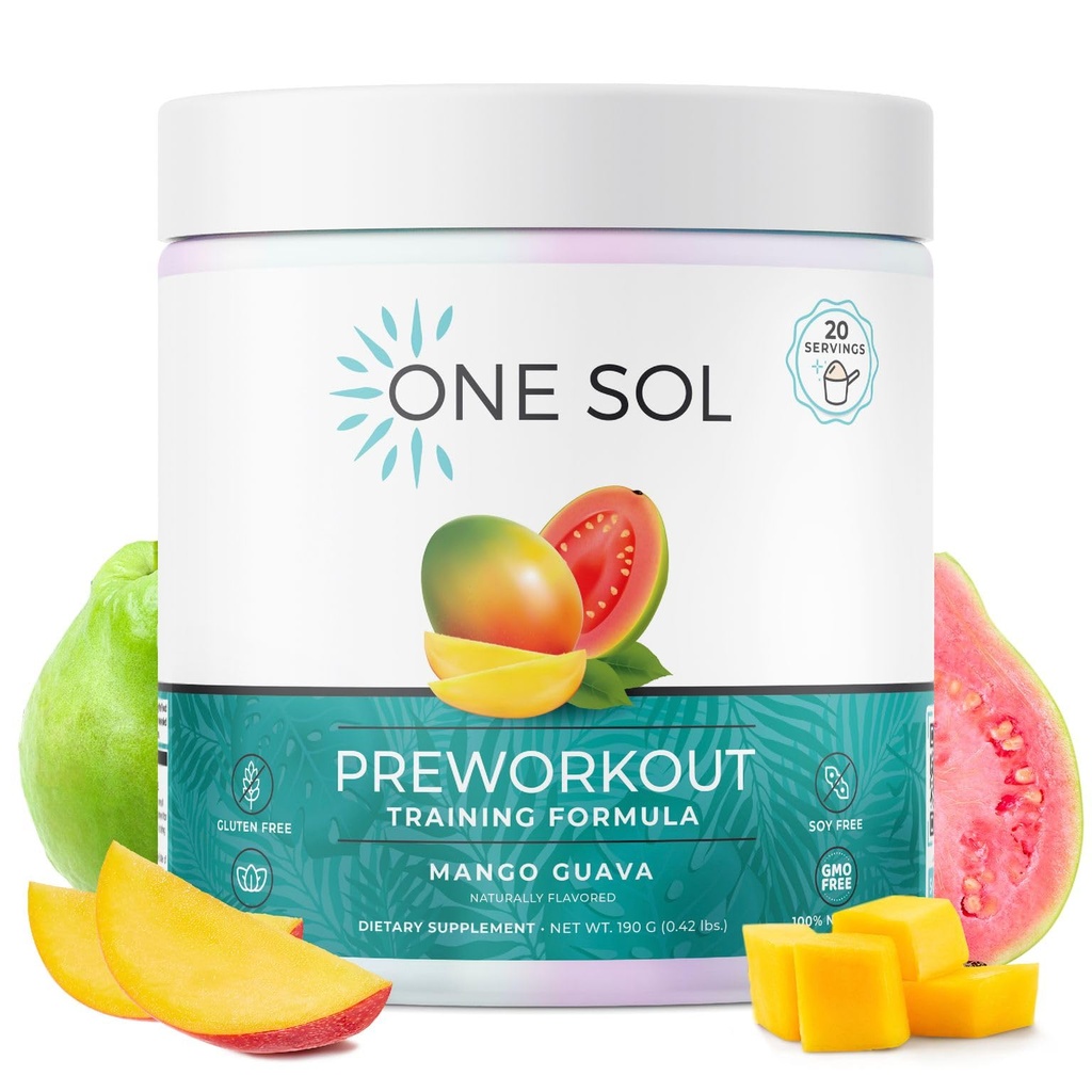 One Sol Pre-Workout for Women, Enhanced Pump & Focus, No Jitters Or Crash, Natural Ingredients, 100% Vegan, Gluten Free &amp; (Mango Guava)
