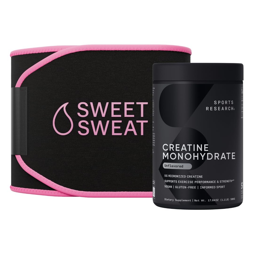 Sports Research® Training Performance Pack - Creatine Monohydrate y Sweet Sweat Waist Trimmer (Black/Pink, Medium)