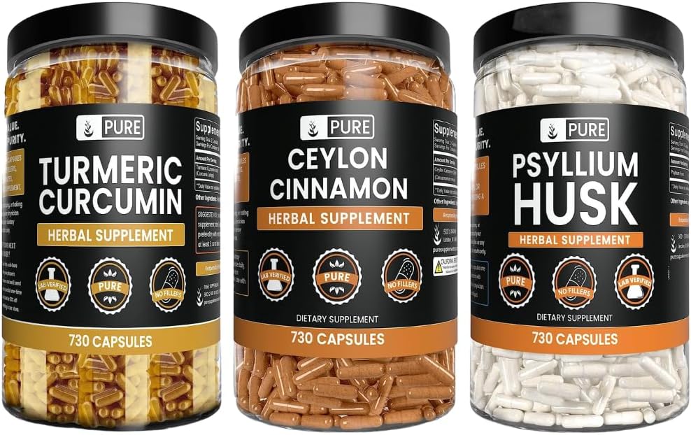PURE ORIGINAL INGREDIENTES Ceylon Cinnamon, Psyllium Husk y Turmeric Capsule Bundle (730 capsules cada uno), No Magnesio o Rice Fillers