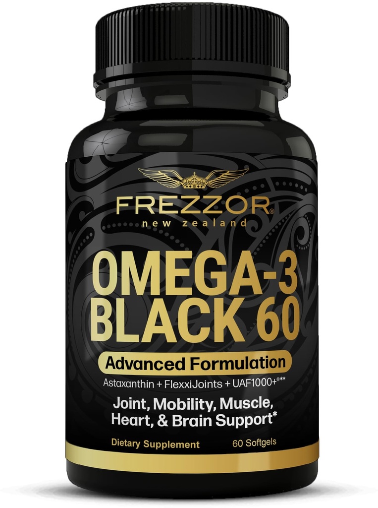 FREZZOR Omega 3 Negro para el cuidado conjunto & Comfort - Nueva Zelanda Green Lipped Mussel Oil Capsules; 53x Potency Superior con UAF1000+ Super Antioxidante, No Fishy Aftertaste, 1-Pack, 60 Softgels