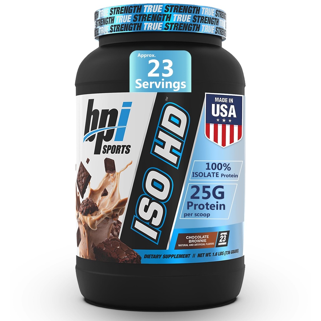 BPI Sports ISO HD Isolate Protein Powder – 100% Whey Isolate, Protein Powder for Muscle Gain - Chocolate Brownie - 1.6 Lb - 23 Servimientos