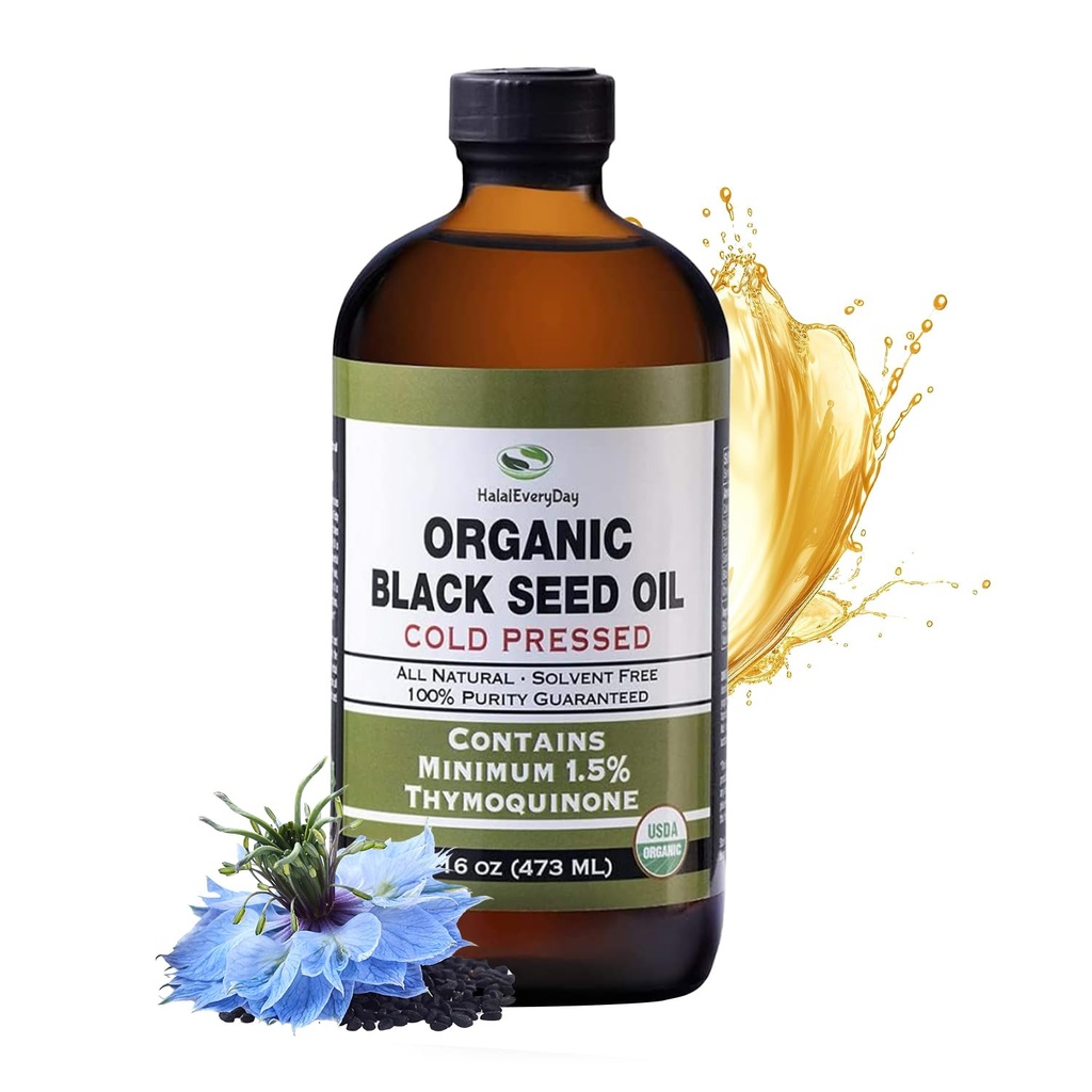 HalalCada día Orgánica de semillas negras - USDA Certified, Cold Pressed Glass Bottle 16oz - Más del 1,5% Thymoquinone Turco Negro Cumin Nigella Sativa No GMO 100% Puro Blackseed Oil