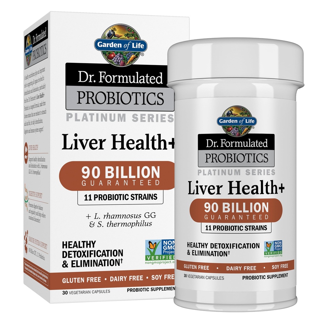 Jardín de la vida Dr. Probióticos Formulados Platinum Series Liver Health+ 90 Billion CFU Garantizado, Uno a día Probiótico para la desintoxicación saludable y soporte para eliminación, Vegan, Gluten Free, 30 cápsulas