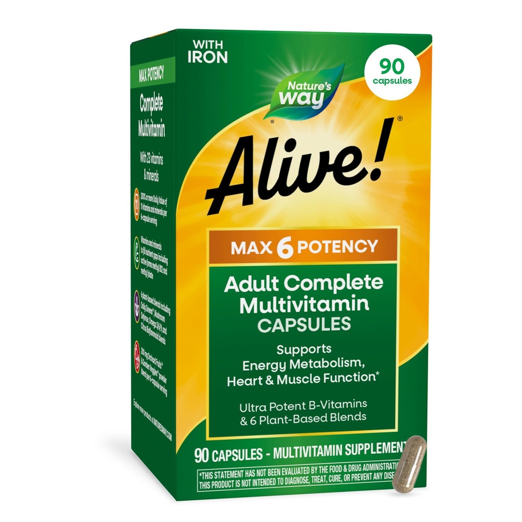¡La naturaleza está viva! Max6 Potency Adult Complete Multivitamin, con Hierro, Vitaminas A, C, E &amp; B-Vitamins Incluyendo B12 y Folato, apoya el metabolismo energético*, 90 cápsulas (paquete mayo Vary)