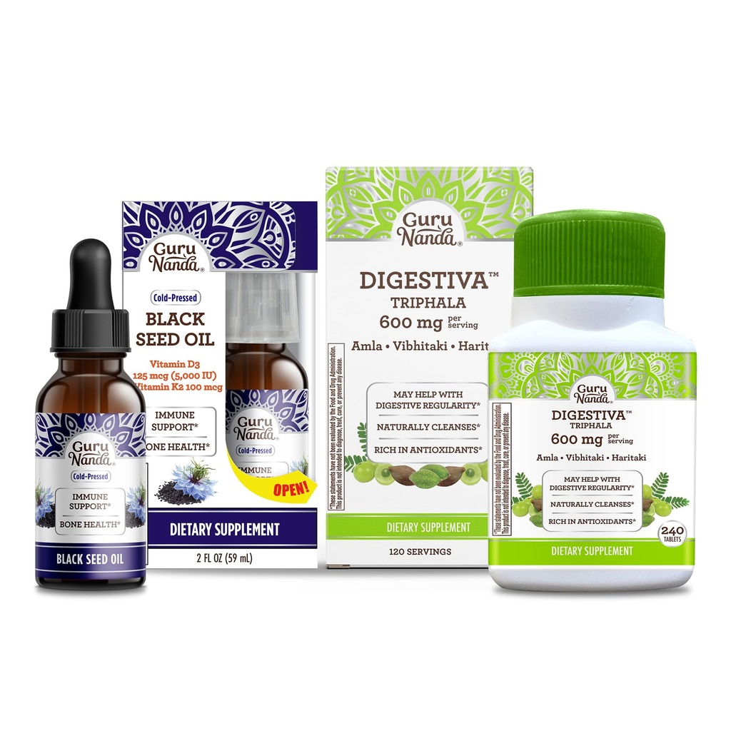 GuruNanda Black Seed Oil, Cold-Presed Nigella Sativa - Rich in Vitamin D3 5000 Units & Digestiva Triphala (240 Tablets), soporta la digestión, ayuda con el rubor