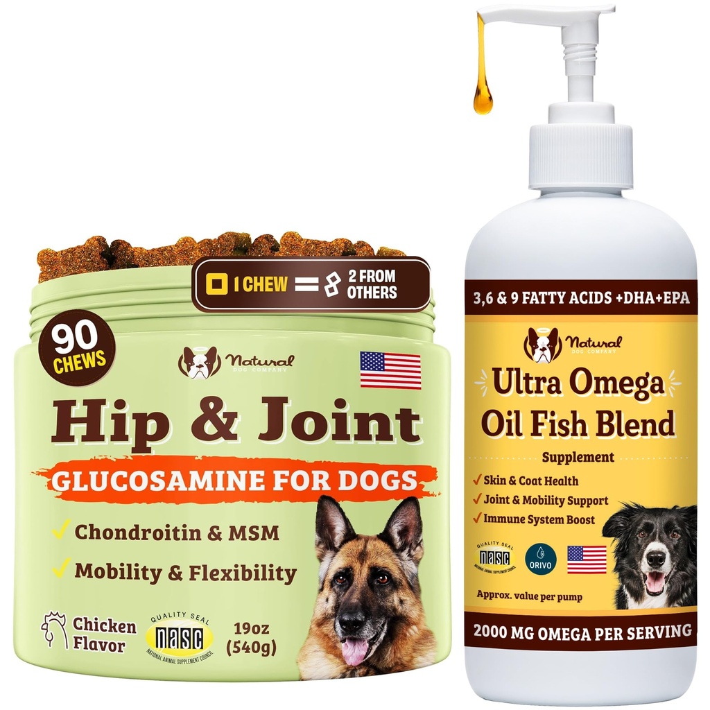Natural Dog Company Canine Vitality Dog Vitamins and Supplements Bundle, Incluye (1) Hip and Joint Chews Suplemento-90 pcs cosequin for Dogs, (1) Ultra Omega Fish Oil 16 Oz Omega 3 Fish Oil for Dogs