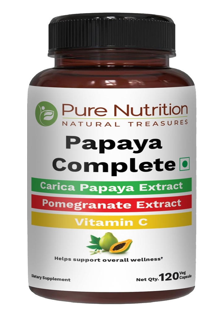 Nutrición pura Papaya Completa tención 120 Caps ← Carica Papaya Leaf Extract with Iron, VIT C, VIT A ' Folic Acid ← Apoya la inmunidad plaqueta " Digestión No Gluten-Free