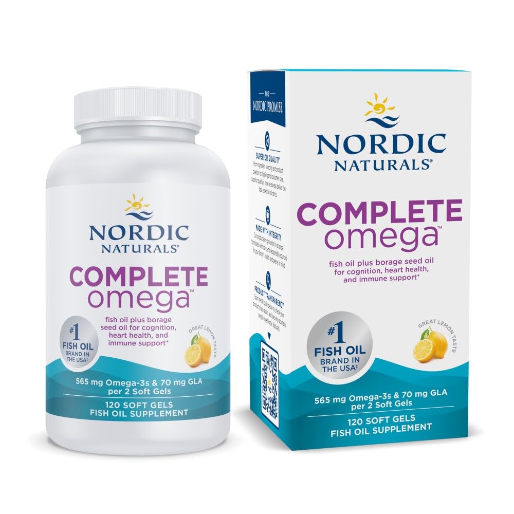 Naturales nórdicos Omega completo, sabor de limón - 120 geles blandos - 565 mg Omega-3 - EPA &amp; DHA con añadido GLA - Esquí saludable, Cognición, Mood positivo - No GMO - 60 servidos