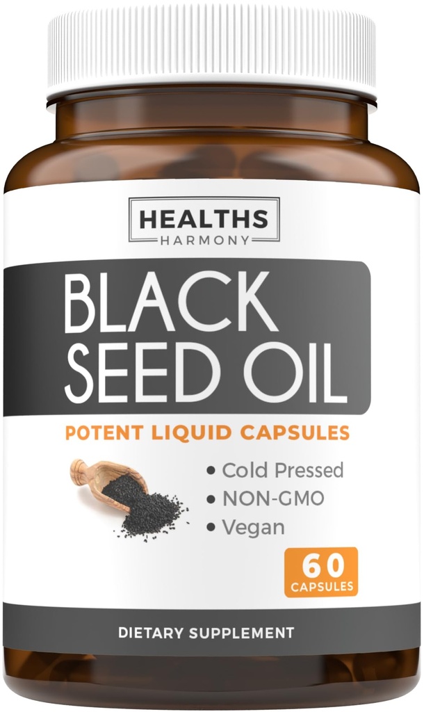 Black Seed Oil - 60 Softgel Capsules (No-GMO & Vegan) Premium Cold-Presed Nigella Sativa Producing Pure Black Cumin Seed Oil with Vitamin E - 500mg Cada, 1000mg Por 2 Capsule Serving