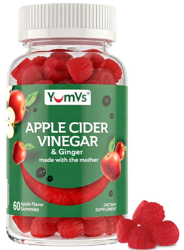 YUM-V'S Apple Cider Vinegar Gummies – ACV Gummies with Ginger " The Mother – Apoya el metabolismo, la vitalidad " Daily Wellness – Natural Apple Flavor Vegan, Non-GMO, Gluten-Free, Cider Gummy – 60 Conde