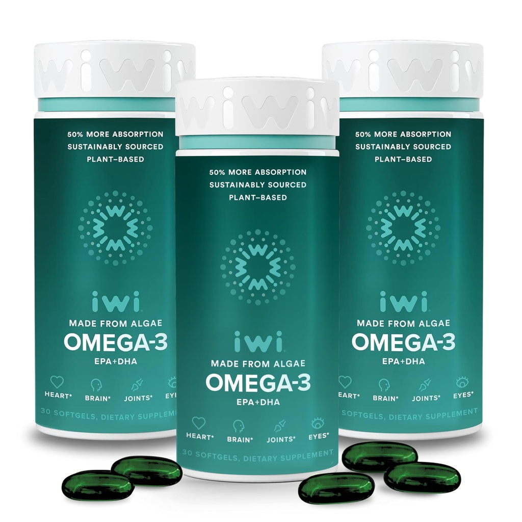 Iwi Omega-3, 90 Softgels (90 Servings), Vegan Plant-Based Algae Omega 3 con EPA + DHA, Soporte integral Suplemento dietético, Krill " Fish Oil Alternative, No Fishy Aftertaste