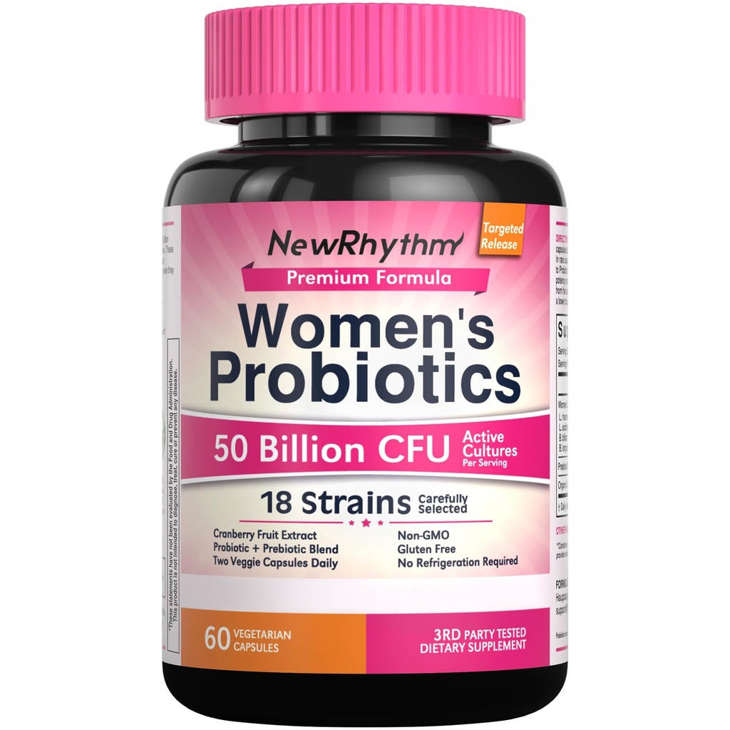 Probióticos de mujeres de NewRhythm, arándano orgánico para la salud vaginal de las mujeres, 50 millones de francos CFU 18 Strains, Probióticos y Prebióticos, Apoyo Salud Digestiva, 60 cápsulas Vegan