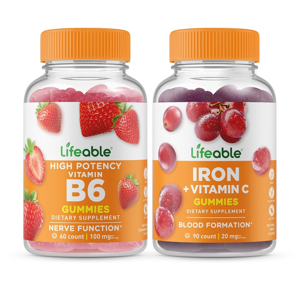 Vitamina B6 + Hierro con vitamina C, Gummies Bundle - Gran Tasting, Suplemento de vitaminas, Gluten Gratis, GMO Gratis, Chewable