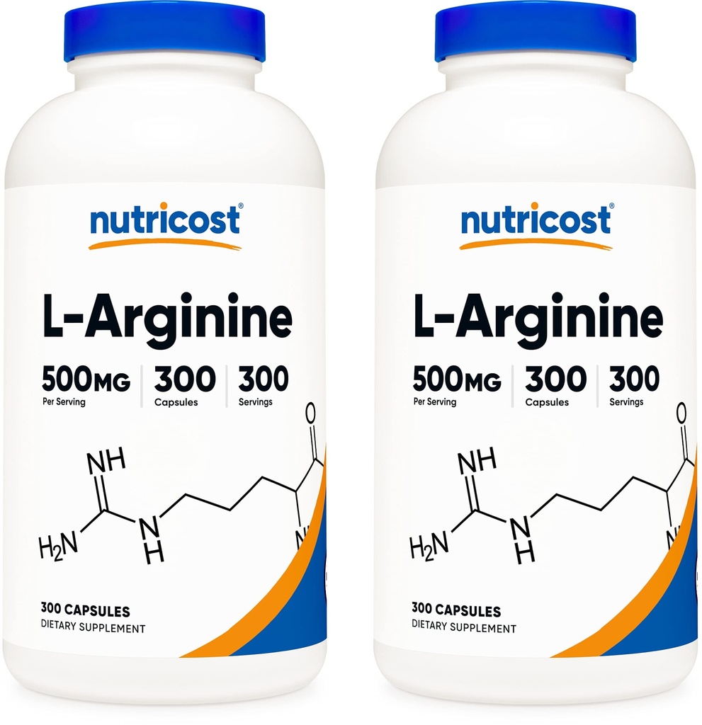 Nutricost L-Arginine 500mg, 300 cápsulas (2 botellas)
