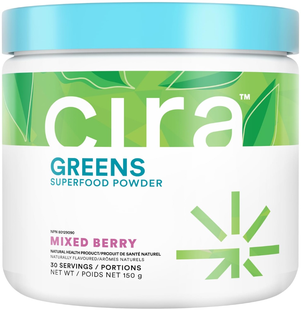 Cira Daily Greens - Naturalmente Endulzado, Orgánica Spirulina Superfood Powder con Ingredientes Premium, Antioxidante-Rich para Deblotar, Digestión, Energía - Berry mixto, 30 Servimientos