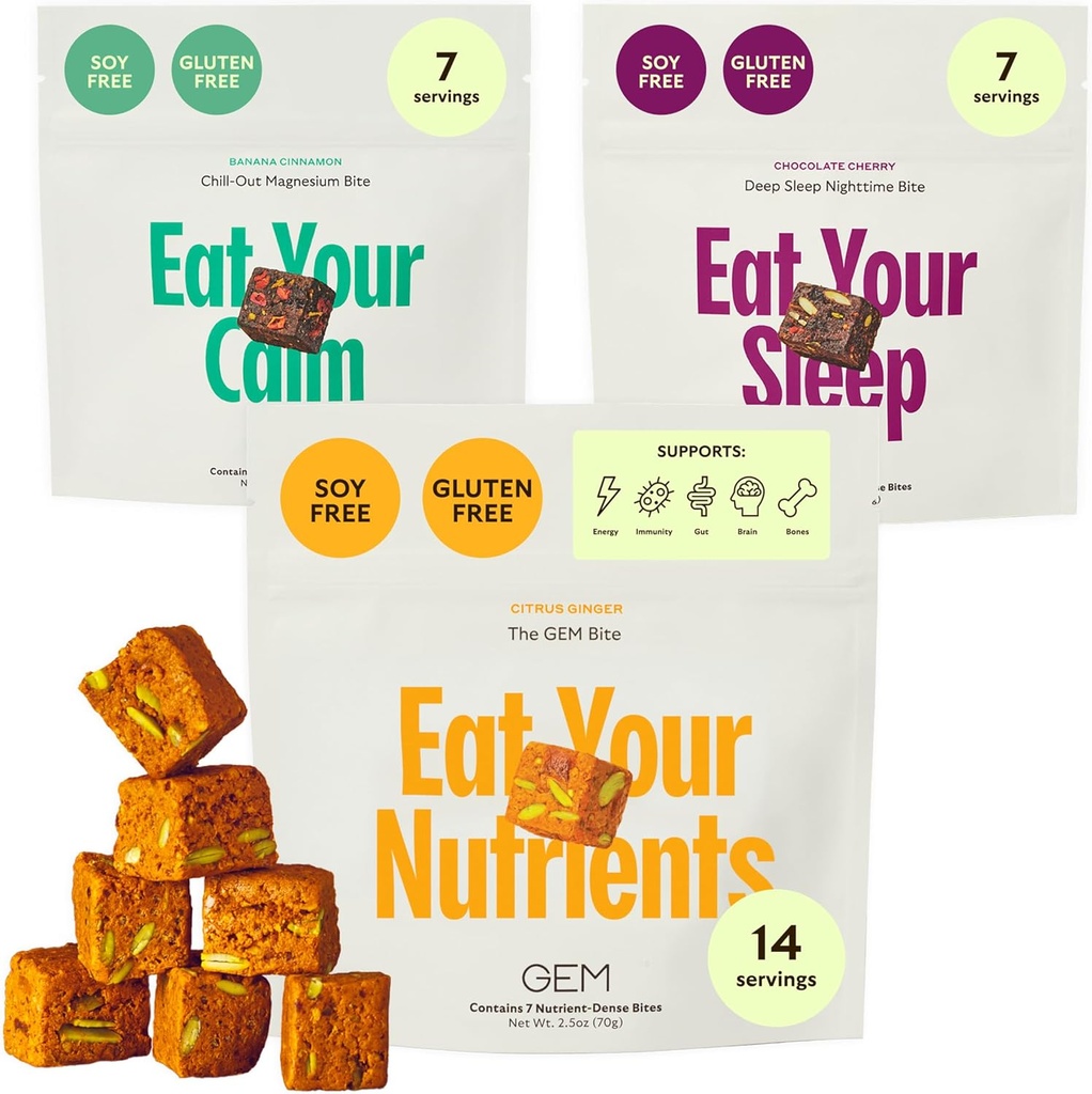 GEM Bite Pack Variedad de rutina completa con Multivitamínico diario (14 Bites), Calma de Chill-Out (7 Chews) & Deep Sleep Aid (7 Chews) ¦ Apoya Gut, Skin, Brain, Bone, Sleep, Immunity