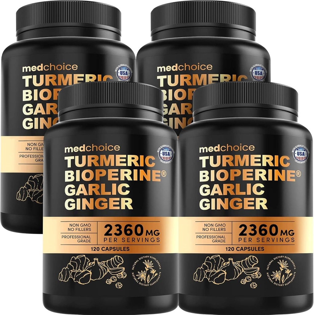 Suplementos Turméricos y Ajo con BioPerine – 2360mg Torméricos Gorra de jengibre con Ajo – High Potency Herbal Blend (120 ct, Pack de 4)