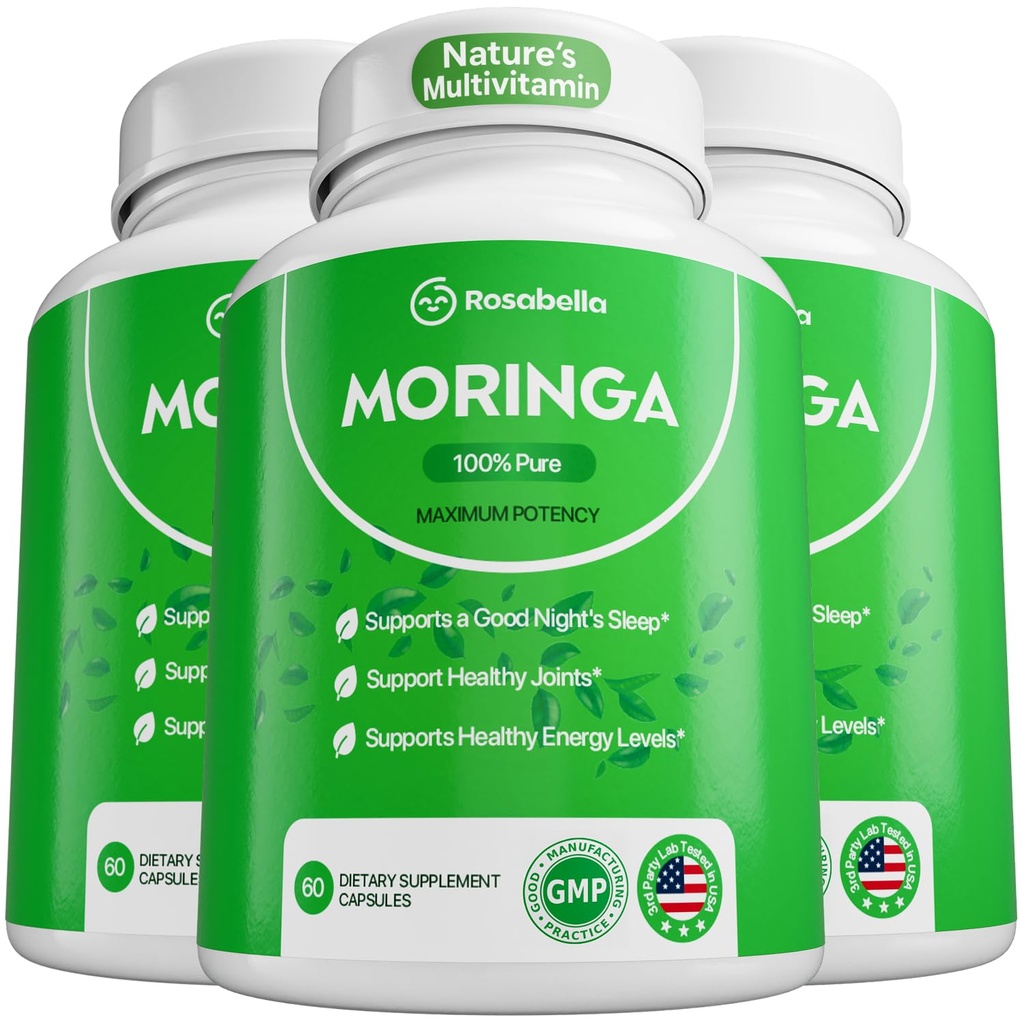 Rosabella Moringa Capsules - Pure Moringa Powder, Energía, Esquí, Inmune &amp; Gut Health Superfood, Rico en Antioxidantes, Vitaminas Esenciales &amp; Aminoácidos, Natural Green Superfood Suplemento - 180 Conde