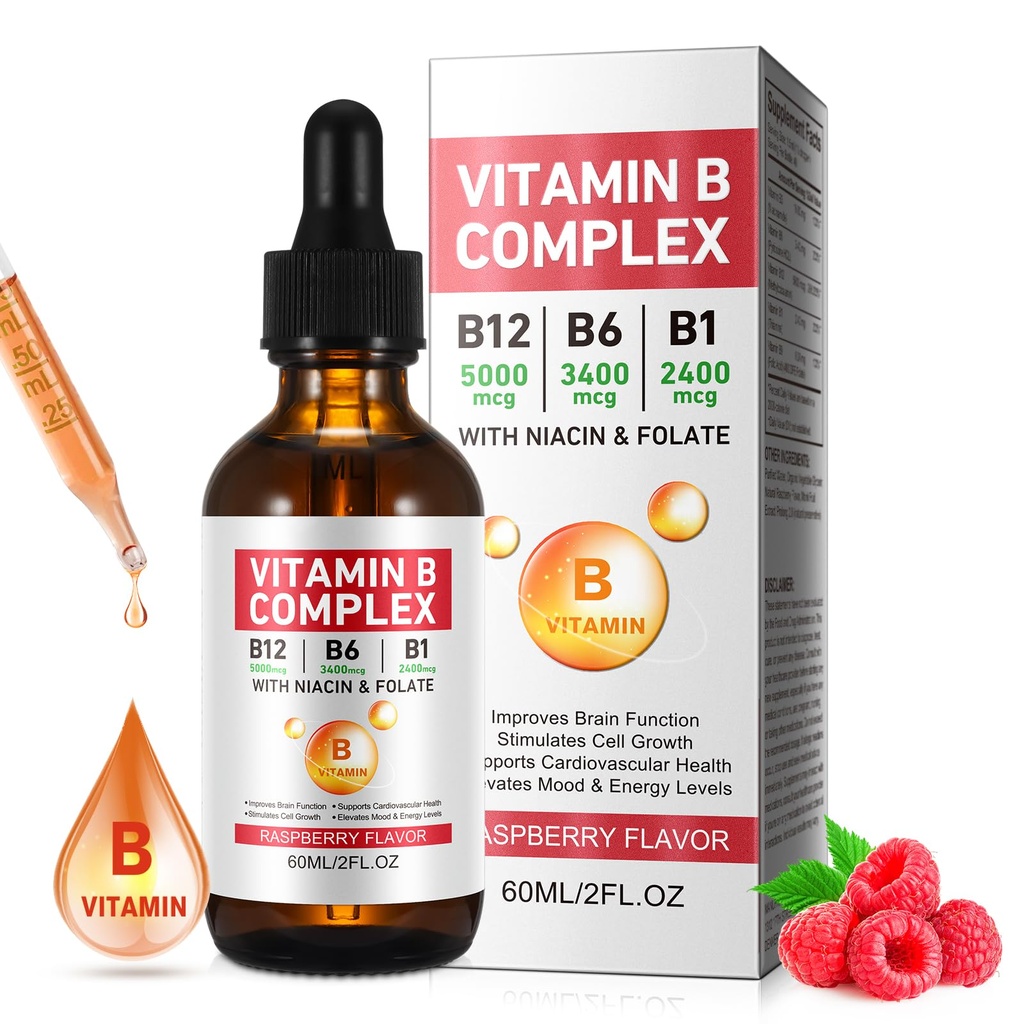 Vitamina B Complejo Líquido, Vitamina Vegan B12 gotas Silencio B12 Methylcobalamin Silencio B1 Thiamine ANTE B6 Pyridoxine ANTE Folic ANTE Niacin - B Complejo gotas líquidas, Apoyo Energía, Cerebro &amp; Corazón, 40 Servimientos