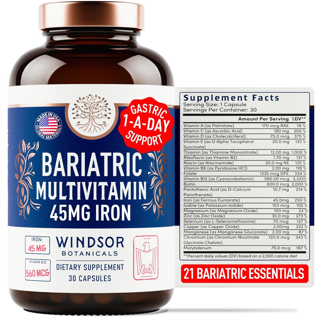 Multivitamina Bariat con Hierro - 45 mg Hierro Fácil de Tragar, Una a Día Vitaminas Bariatrices para Mujeres y Hombres - Gastric Bypass, Gastric Sleeve Recuperación Vitamina Multivitaminas - 30 Caps