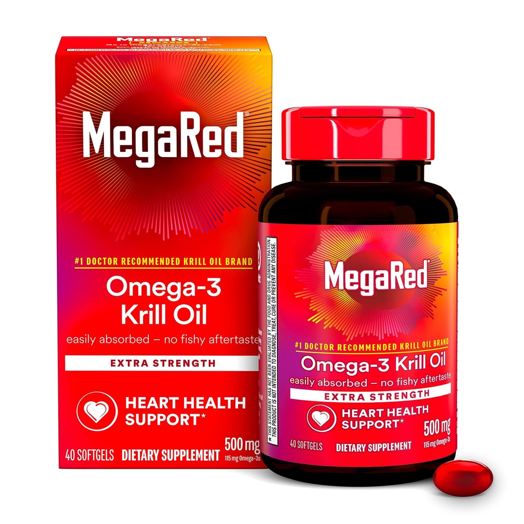 MegaRed Omega-3 Krill Oil 500mg Extra Strength softgels (40 Cuenta en una caja) - Krill Oil No Fishy Aftertaste