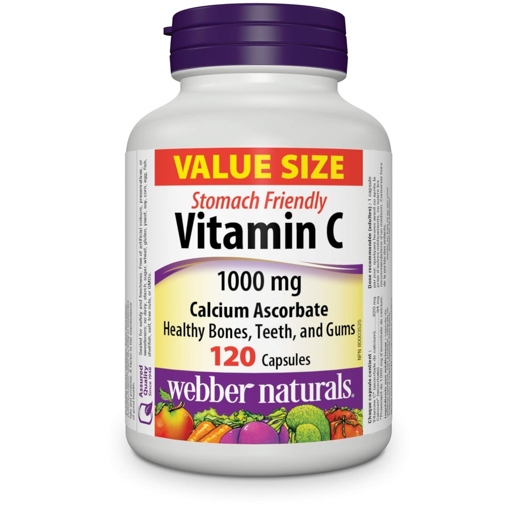 Webber Naturals Vitamina C Calcio Ascorbate 1000 mg · Stomach Friendly, 120 Capsules