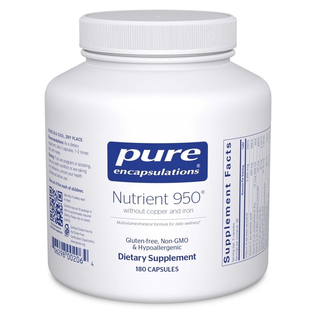 Pure Encapsulations Nutrient 950 Without Copper & Iron TEN Hypoallergenic Multi-Vitamin/Mineral Formula for Optimal Health TEN 180 Capsules