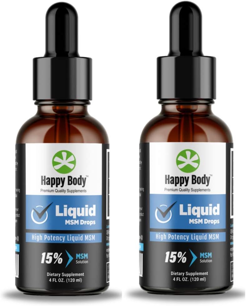HAPPY BODY Líquido MSM disminuye el contenido MSM más alto en un suplemento MSM líquido. Ideal para aplicaciones orales y tópicas - 1 x 4 fl. oz Botella (2 Pack)